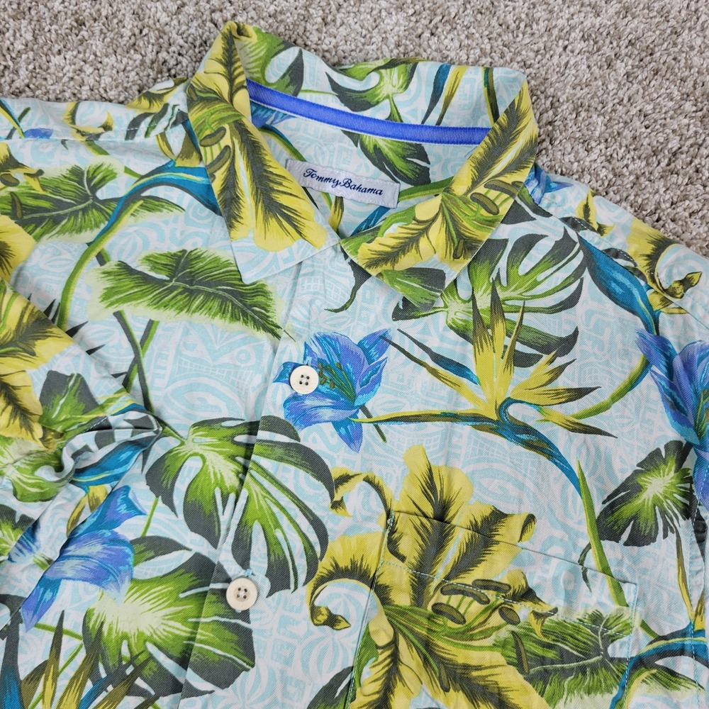 Tommy Bahama Silk Button Up Shirt Mens Medium Blue Yellow Tropical Floral Leaf